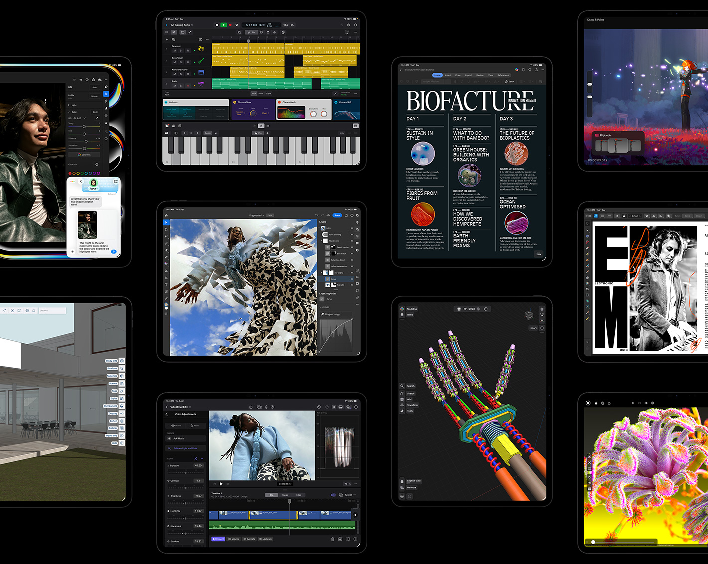 Multiple iPad Pro displays showcasing iPadOS apps with creative projects open including Logic Pro, Adobe Lightroom, Adobe Photoshop, Final Cut Pro, Trimble SketchUp, Microsoft Word, Procreate Dreams, Affinity Designer 2, Shapr3D, Octane X