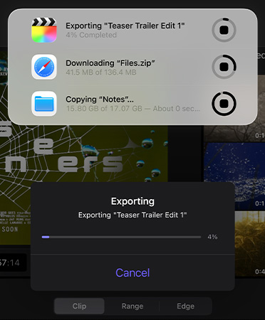 A list of Live Activities in progress and running simultaneously, list includes exporting a trailer, downloading large files and moving “Notes” to “Backup”