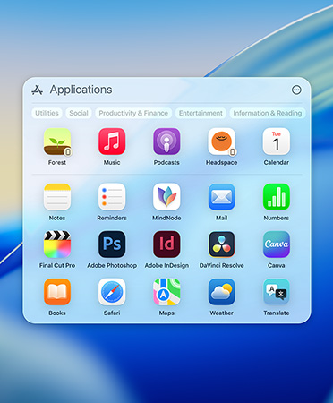 Spotlight browsing menu showing apps in categories: Suggestions, Productivity, Creativity, Information and Reading
