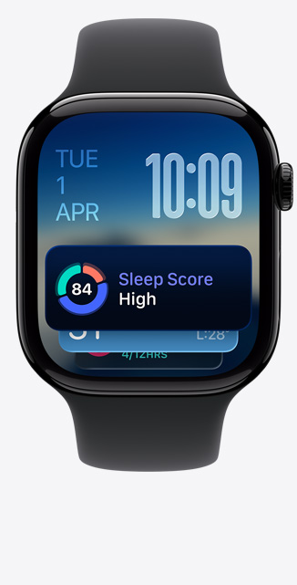 Apple Watch Series 11, aluminium case, polished jet black colour, Smart Stack, sleep score alert, right side, Digital Crown, black Sport Loop