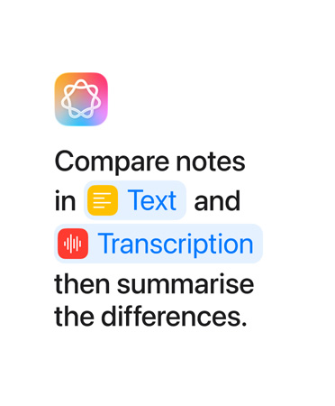 Compare notes in Text and Transcription then summarise, with the words ‘Text’ and ‘Transcription’ highlighted in blue as they appear as they would in the Shortcuts app