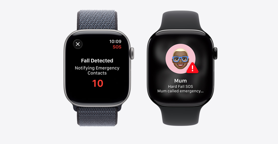 Apple Watch Series 11, Fall Detection notification, Emergency Call button, second notification reads: Mum took a hard fall and has called emergency services