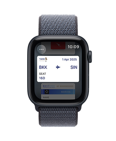 Apple Watch SE 3, aluminum case, midnight color, Apple Pay in Apple Wallet, right side exterior, Digital Crown, band, Sport Loop, anchor blue color