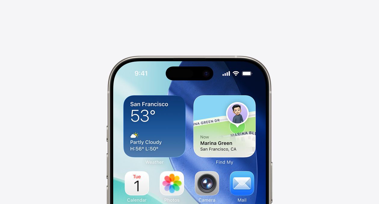 Górna część ekranu iPhone’a z ekranem głównym oraz widżetami Pogoda i Znajdź