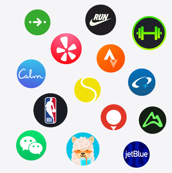 Ikony aplikacji dla Apple Watch: ChargePoint, Yelp, Nike Run Club, SmartGym, Calm, NBA, SwingVision, Oceanic+, WeChat, Waterllama, Golfshot, JetBlue, AllTrails