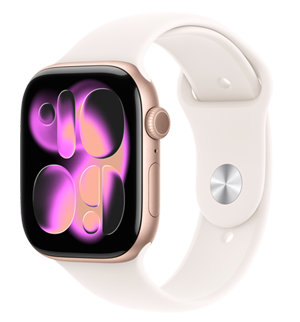Apple Watch Series 11, culoare Roz auriu, carcasă din aluminiu, cadran de ceas Artă interactivă, partea exterioară dreaptă, Digital Crown, microfon, buton lateral, curea Sport, culoare Ușoară îmbujorare