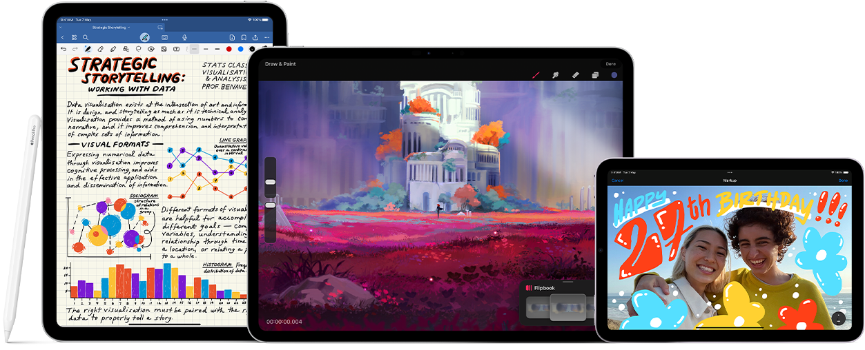 Image of Apple Pencil Pro and Apple Pencil USB-C next to multiple iPad devices displaying examples of handwritten notes and colorful illustrations created with Apple Pencil.