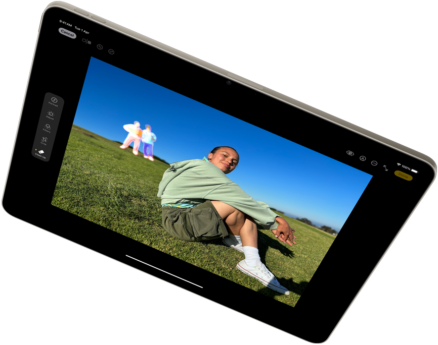 Landscape view of iPad Air showcasing Apple Intelligence with the Clean Up tool in Photos app