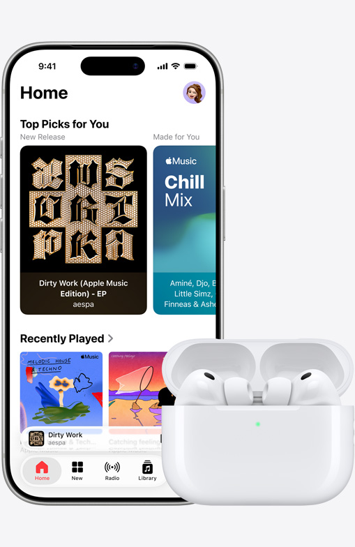 iPhone 17 Pro, front exterior, Apple Music app with Home Screen open, next to AirPods Pro 3 in open MagSafe Charging case