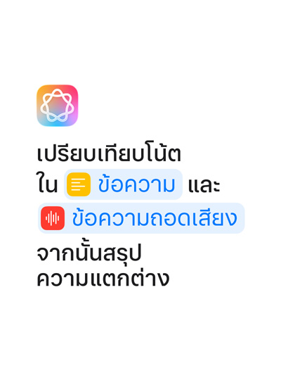 Compare notes in Text and Transcription then summarize the differences, with the words ‘Text’ and ‘Transcription’ highlighted in blue as they appear as they would in the Shortcuts app