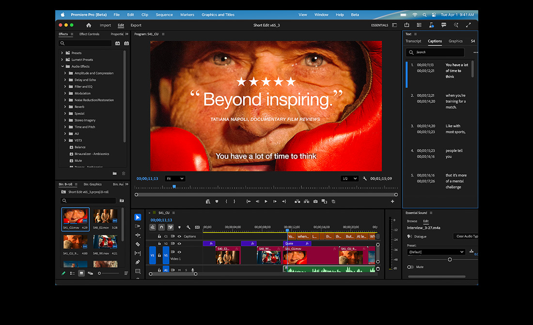 หน้าจอของ MacBook Pro แสดงการตัดต่อภาพยนตร์เรื่อง Eternal Play ใน Adobe Premiere Pro