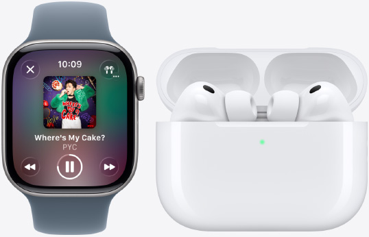 Apple Watch Series 11, Apple Music app, now playing, AirPods Pro 3, white, earbuds, silicone tips, microphone, MagSafe Charging case, open, rounded corners