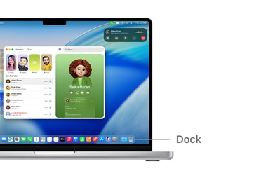 14 inç MacBook Pro’da macOS gezinme turu; Dock’un yerini gösteren bir çizgi görünüyor.