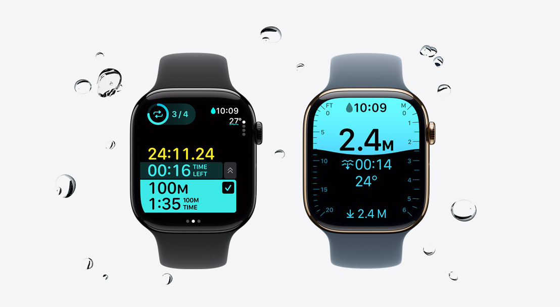 Пристрої Apple Watch Series 11, корпуси з алюмінію та титану, кольори: глянцевий агатовий чорний і золотистий, додаток «Тренування» відстежує плавання, краплі води стікають із годинника, спортивні ремінці, кольори: чорний і сталевий синій