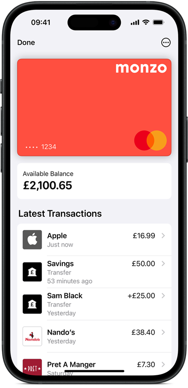 iPhone screen shows virtual Monzo bank card above an available balance of £2,100.65 and a list of Latest transactions