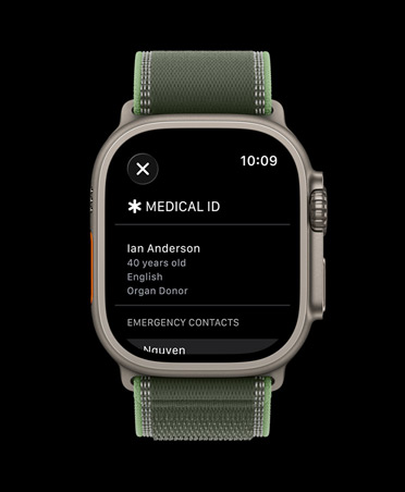 Apple Watch Ultra 3, natural color, titanium case, medical ID screen, Trail Loop, green/neon color