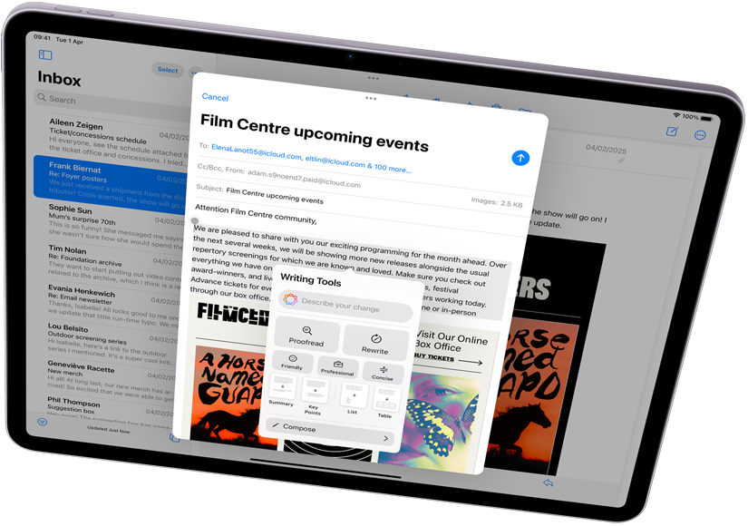 Landscape view of iPad Air showcasing Apple Intelligence with Writing Tools and Mail