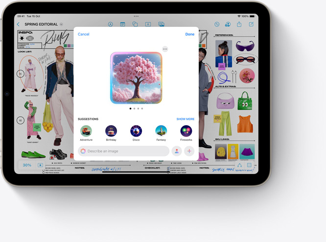 iPad mini displaying Image Playground, a new Apple Intelligence feature in use with Freeform.