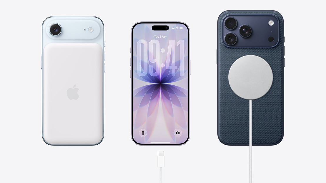 Side-by-side. iPhone Air back with MagSafe battery attached, iPhone 17 front with all-screen design, USB-C charging cable near charging port, iPhone 17 Pro back with MagSafe charing cable attached