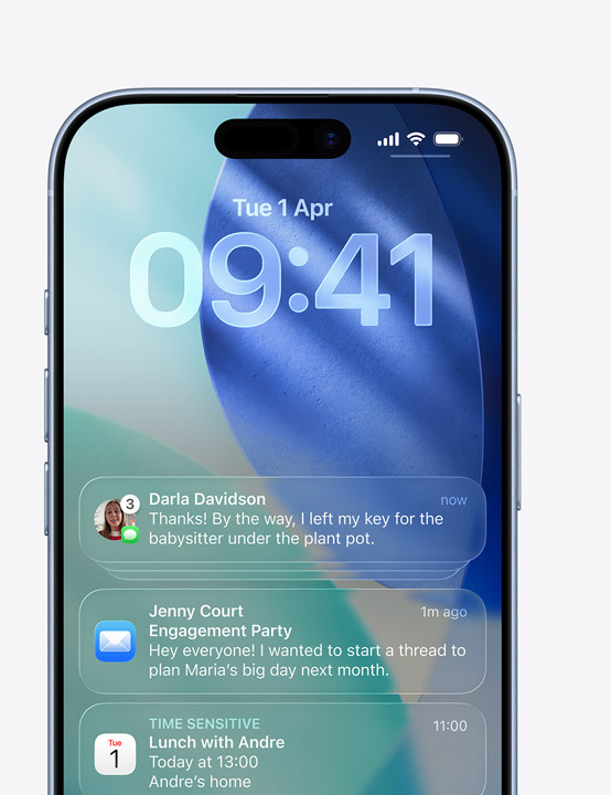 iPhone screen showing Messages pop-up, Mail pop-up, Calendar pop-up