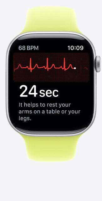 Apple Watch Series 11, aluminum case, silver color, ECG app, beats per minute in top-left corner, centered rhythm line and timer, Sport Band, neon yellow color