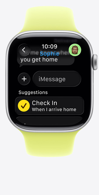 Apple Watch Series 11, aluminium case, silver colour, Check In suggestion in iMessage, Sport Band, neon yellow colour