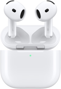 Ανοιχτή θήκη φόρτισης των AirPods 4 δείχνοντας τα AirPods να αιωρούνται από πάνω της.