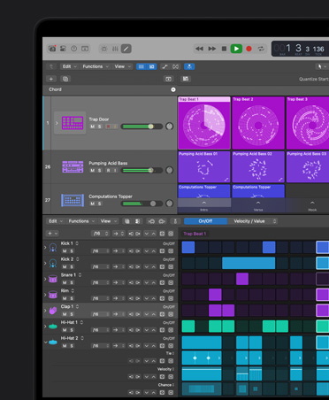 MacBook Pro 16 screen showing Logic Pro mixing board with purple and pink squares representing different audio layers and sounds, and beat making tools with different colour blocks representing different percussion instruments at the bottom.