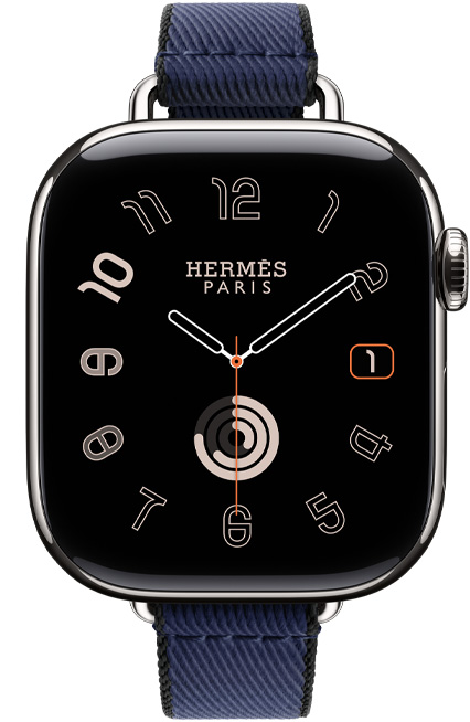 Apple Watch Hermès Series 11, cassa in titanio color argento, quadrante Radial, cinturino Simple Tour Attelage Twill Jump color Navy/Noir