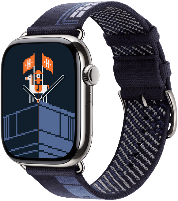 Apple Watch Hermès Series 11, cassa in titanio color argento, quadrante e cinturino Faubourg Party