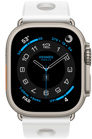 Apple Watch Hermès Ultra 3, titanium case, natural color, Hermès Circulaire watch face, complications: weather, activity rings, Paris time, UV index, Scub'H Diving band, blanc color