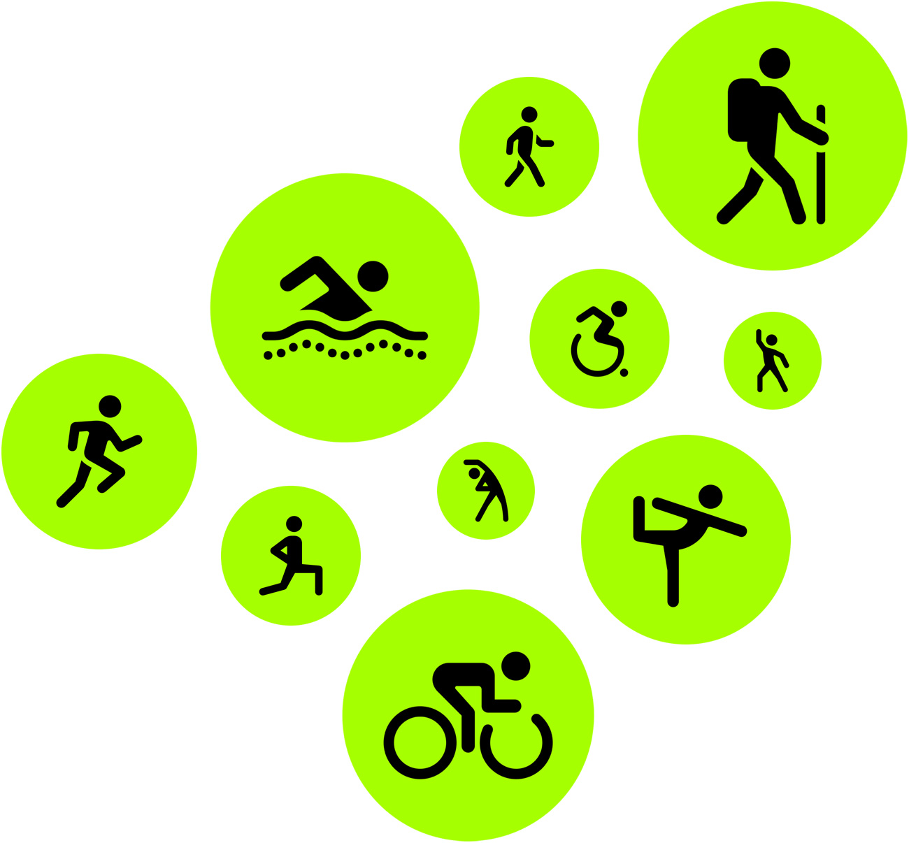 Icone di allenamento: corsa, camminata, nuoto, trekking, ciclo, ballo, stretching e yoga