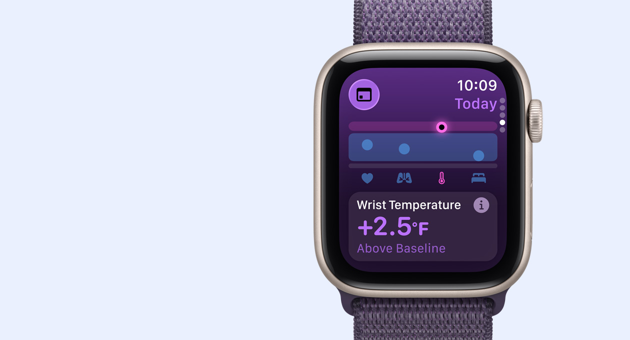 Apple Watch SE 3, alumiinikuori, värinä keskiyö, rannelämpötilatiedot, näkymä oikeasta sivusta, Digital Crown, Sport Loop ‑ranneke, värinä ankkurinsininen