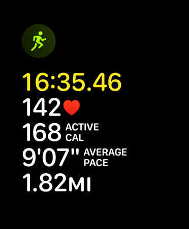 Run workout card, running icon, metrics: time, heart rate, rolling pace, average pace, distance