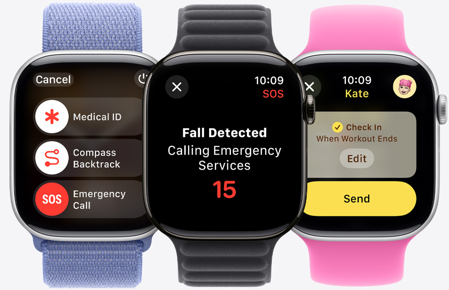 The emergency call slider being displayed along with the Medical ID and Compass Backtrack sliders on an Apple Watch Series 10. A fall being detected on an Apple Watch Series 10. A Check In about to be sent to someone on an Apple Watch Series 10.