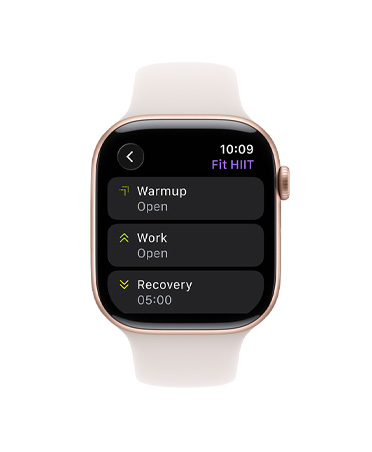 Apple Watch Series 11, rose gold colour, aluminium case, Workout app, Custom Workout card, strap, light blush Sport Band