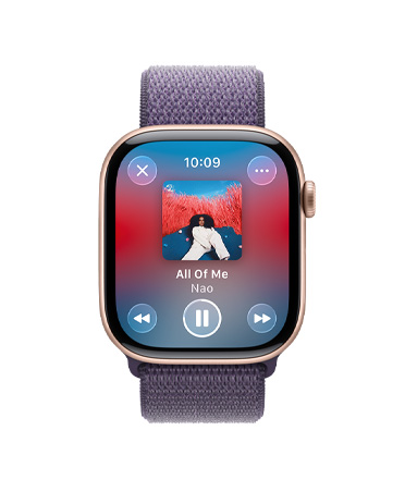 Apple Watch Series 11, rose gold colour, aluminium case, Apple Music controls, workout playlist, right side exterior, Digital Crown, strap, purple fog Sport Loop