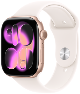 Apple Watch Series 11, hliníkový kryt vo farbe ružové zlato, ciferník Responsive Art, pohľad zvonku na pravú stranu, korunka Digital Crown, mikrofón, bočné tlačidlo, ružovkastý športový remienok, zapínanie so strieborným kolíkom