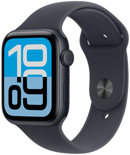 Apple Watch SE 3, hliníkový kryt v polnočnej farbe, ciferník Flux, pohľad zvonku na pravú stranu, korunka Digital Crown, mikrofón, bočné tlačidlo, športový remienok v polnočnej farbe, zapínanie so strieborným kolíkom