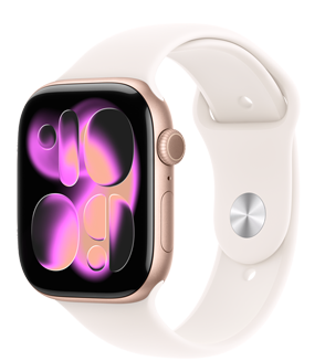 Apple Watch Series 11, caja de aluminio, color oro rosa, esfera Responsive Art, lateral derecho, Digital Crown, micrófono, botón lateral, correa deportiva, color rosa rubor