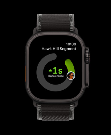 Apple Watch Ultra 3, black colour, titanium case, Strava app, workout cards: Outdoor Run, Outdoor Ride, Indoor Run, band, Trail Loop, black/charcoal colour