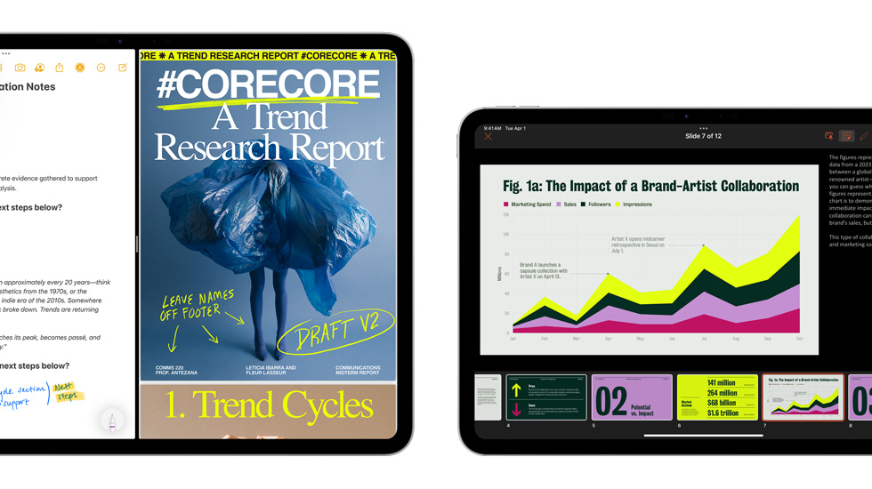 App Notas e uma apresentação mostrada em vários ecrãs.