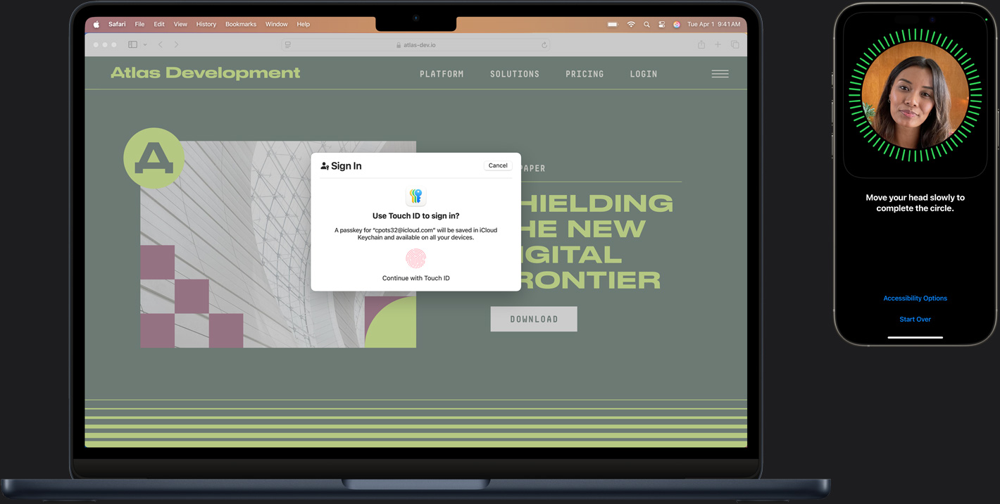 Mac e iPhone com elementos diferentes do Touch ID para iniciar sessão de forma segura.