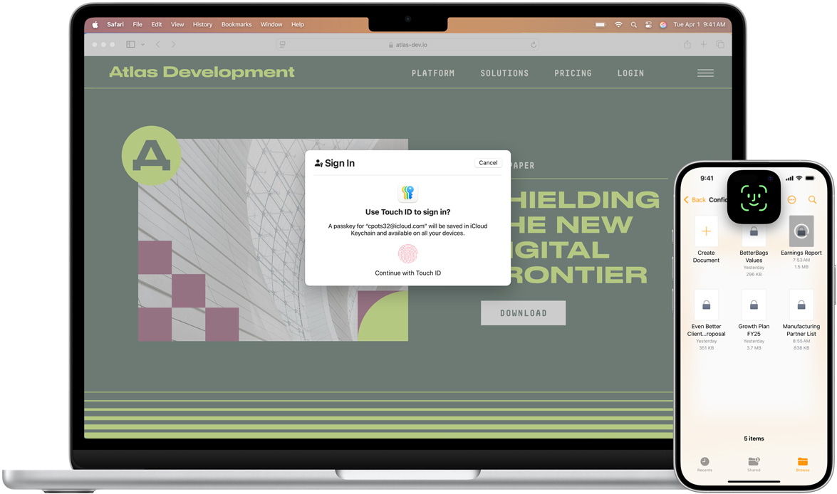 Front view of a MacBook featuring Touch ID window. In front of the MacBook is an iPhone featuring Face ID screen.