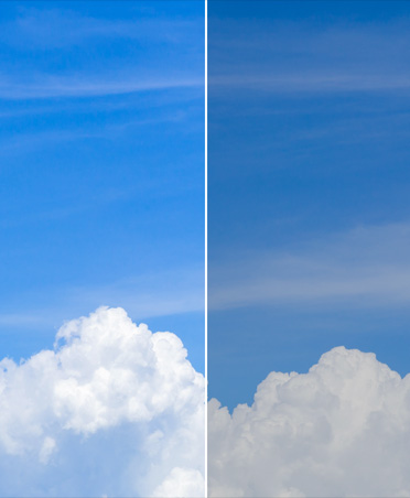 Two-part image of clouds in sky showing before and after using colour grading tool