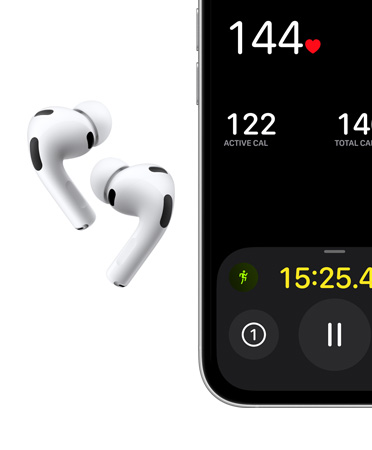 AirPods Pro 3, color blanco, auriculares, almohadillas de silicona, micrófono, iPhone con el entreno Correr en la pantalla