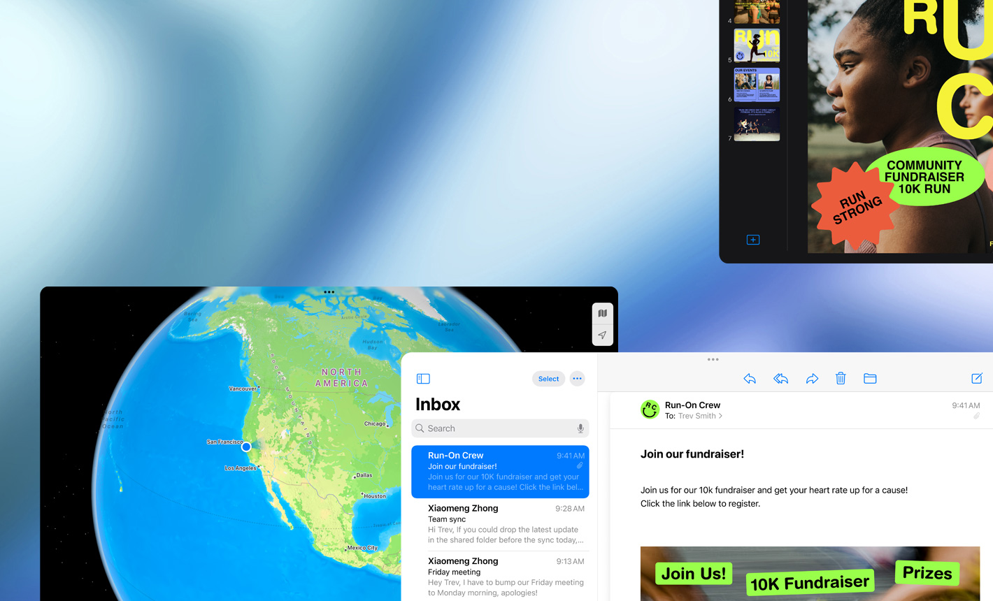 Több kijelző, melyeken különböző appok vannak használatban, fekvő tájolás