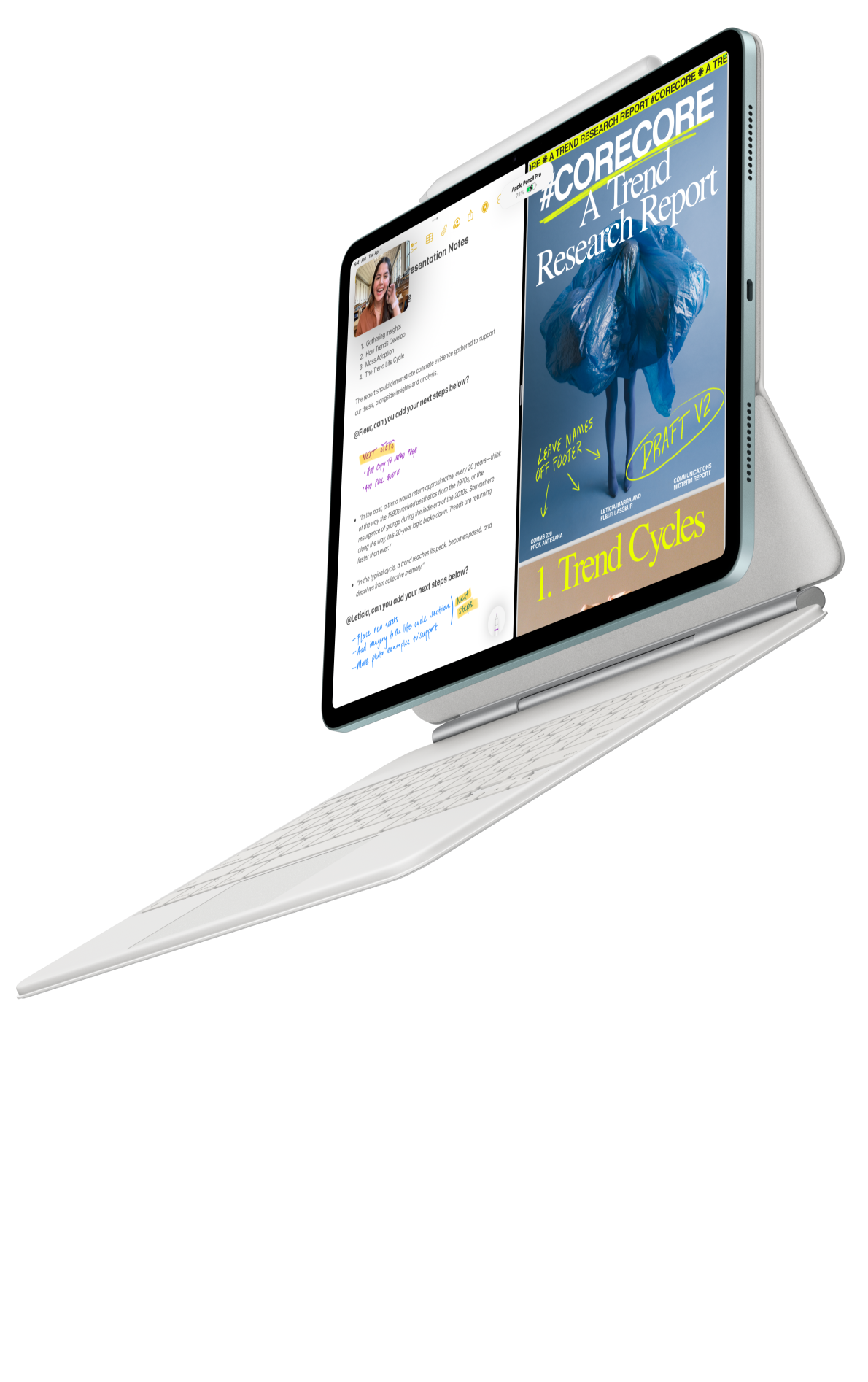 iPad Air egy iPad Airhez készült Magic Keyboardhoz és egy Apple Pencil Próhoz rögzítve