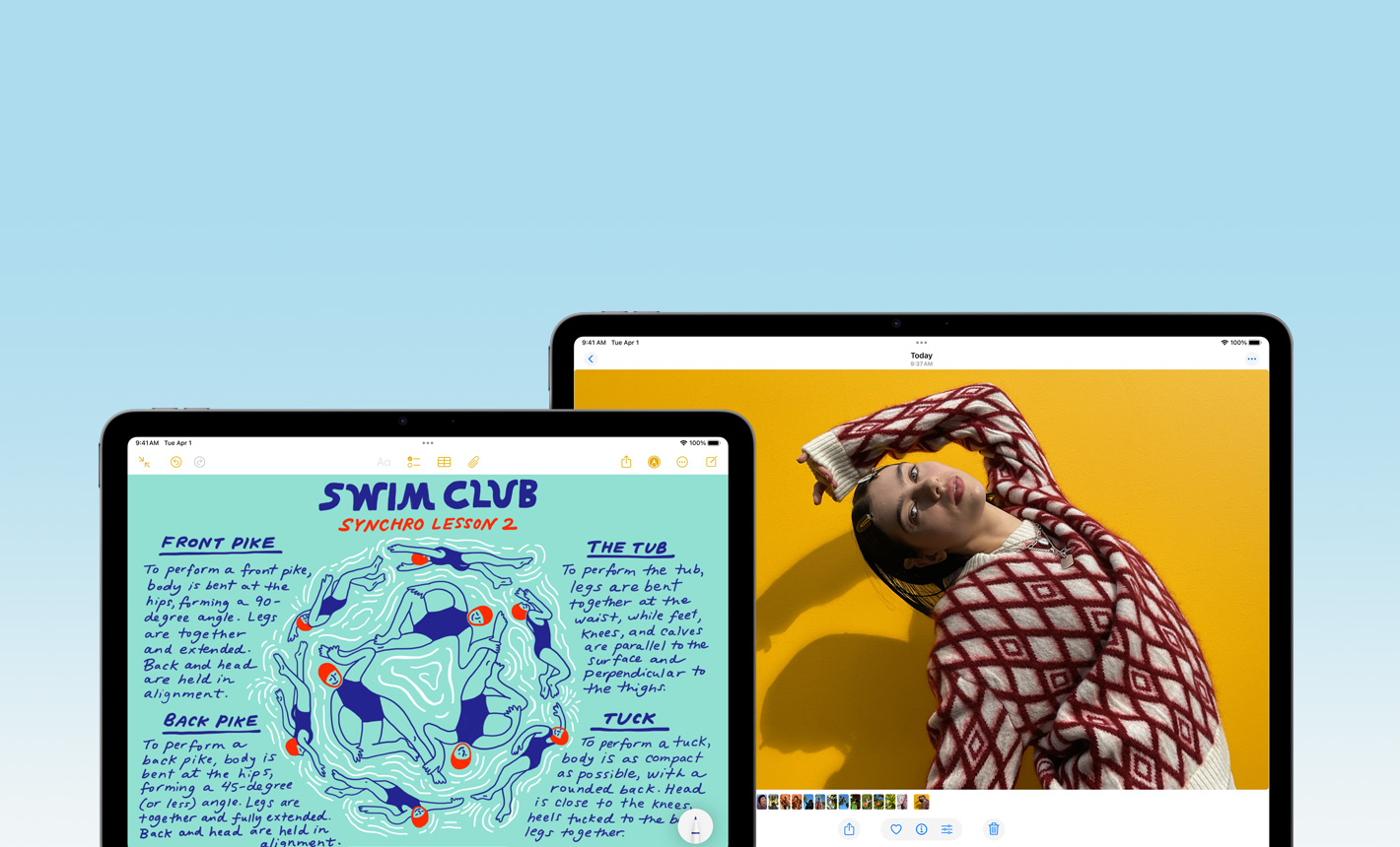 Szemből látható a 11 hüvelykes iPad Air a Jegyzetek alkalmazással és a 13 hüvelykes iPad Air a Fotók alkalmazással a kijelzőméretek különbségének illusztrálására