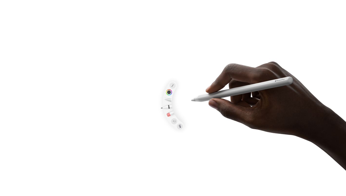iPad Pro, front exterior, landscape orientation, animation of hand holding Apple Pencil Pro, Squeeze gesture brings up a palette of tools beneath the pencil tip